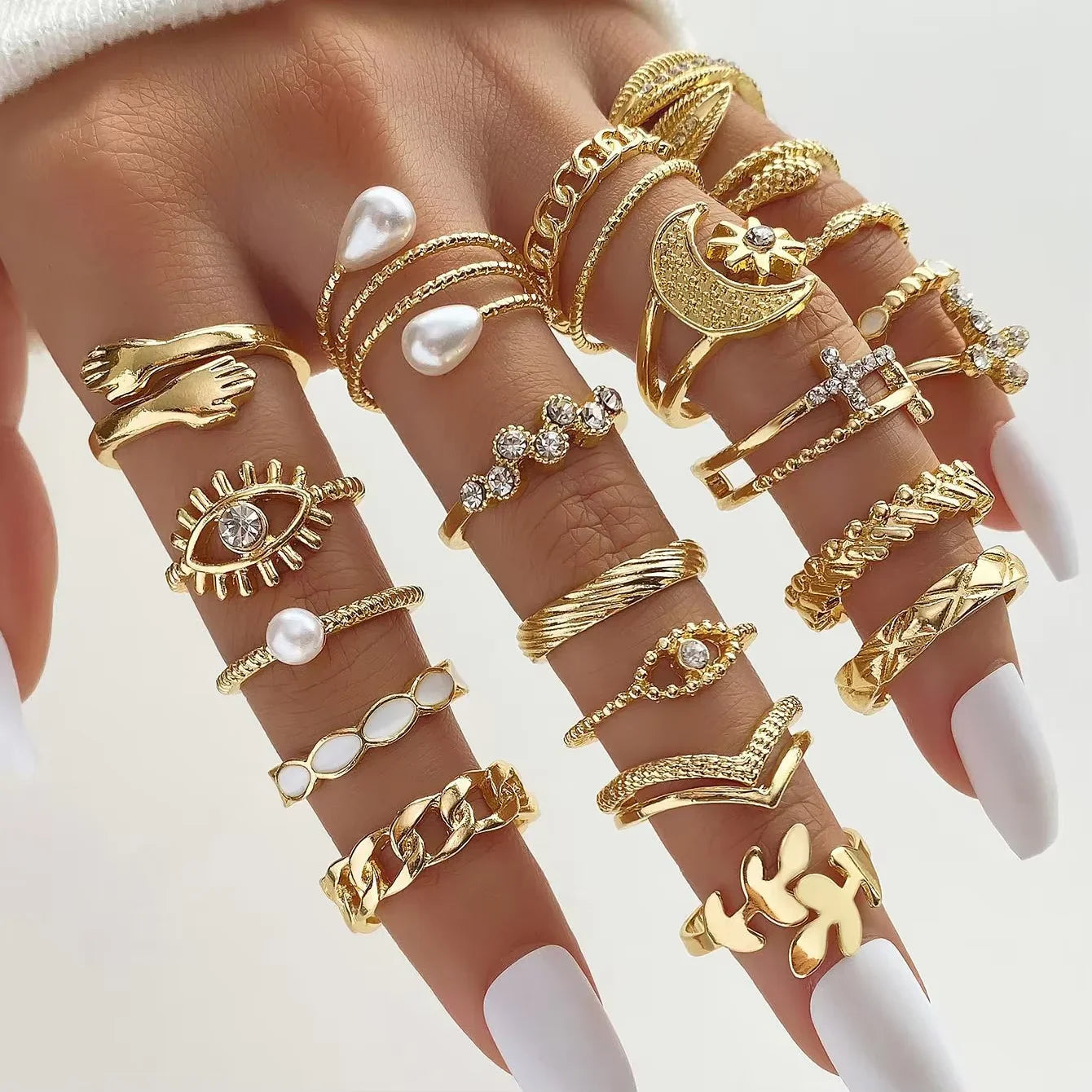 Vintage Elegant 66 Piece Fashion Ring Set Gold Color Pearl Geometric Rings Design for Women Daily Party Wear Jewelry Gifts 2024