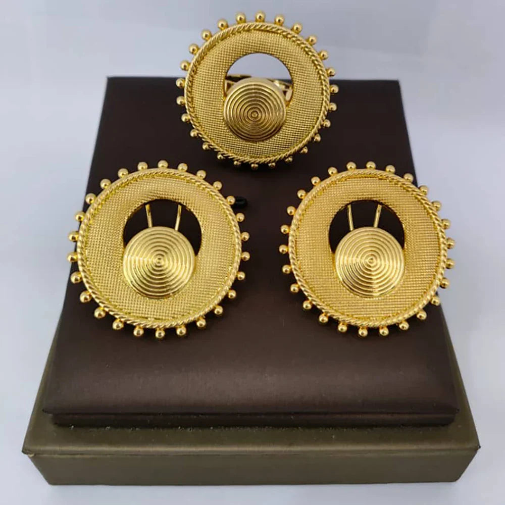 Dubai Gold Color Earrings with Ring Set for Bride Women Fashion Ear Clip and Finger Ring 2Pcs Set for Engagement African Daily