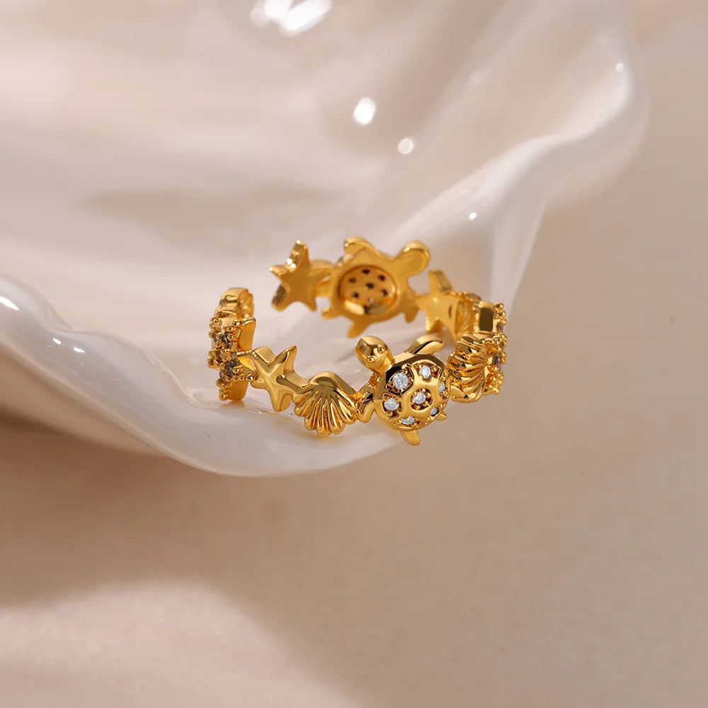 Green Zircon Seahorse Rings For Women Ocean Shell Starfish Turtle Stainless Steel Gold Color Finger Ring Summer Beach Jewelry