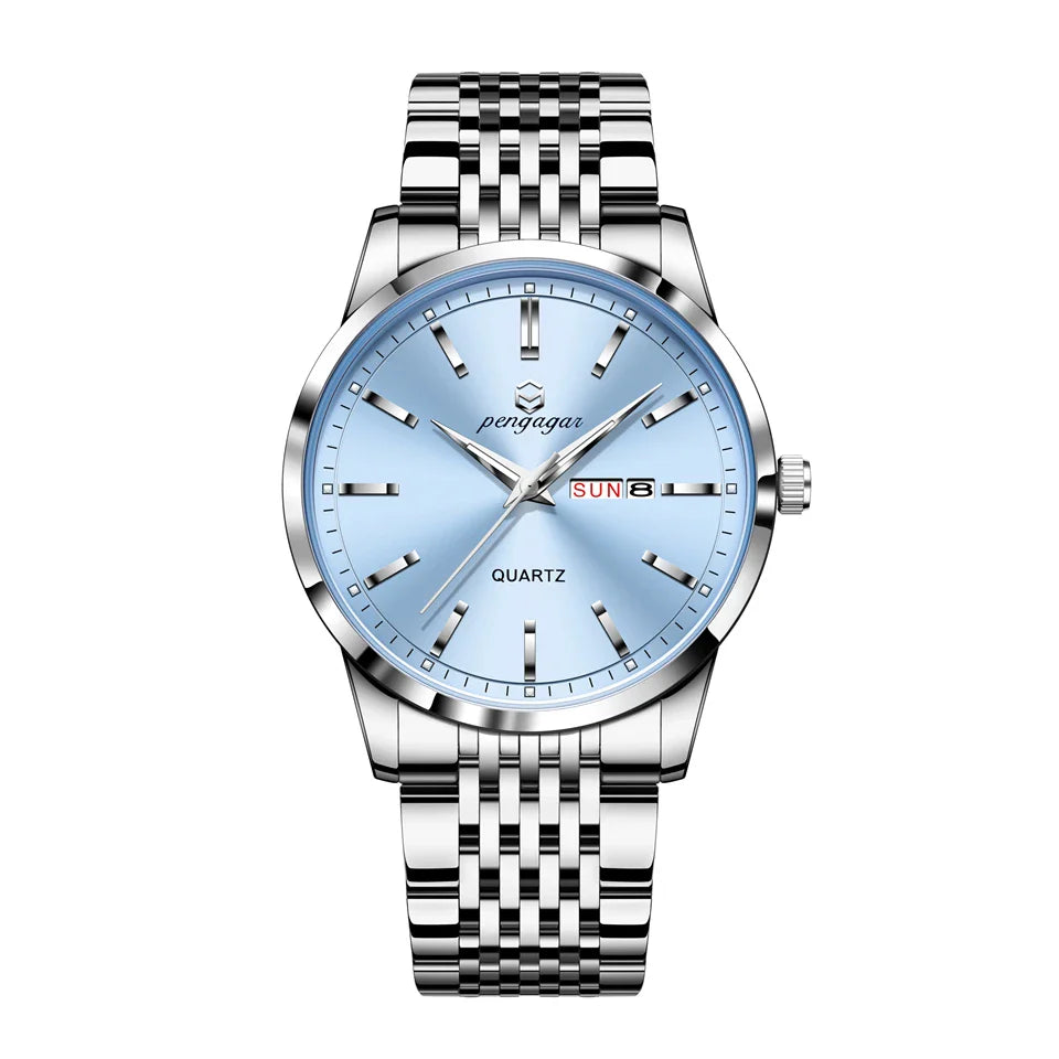 PENGAGAR Luxury Watch For Man Waterproof Luminous Date Week Stainless Steel Men Watch Casual Quartz Men's Watches Male Clock+box