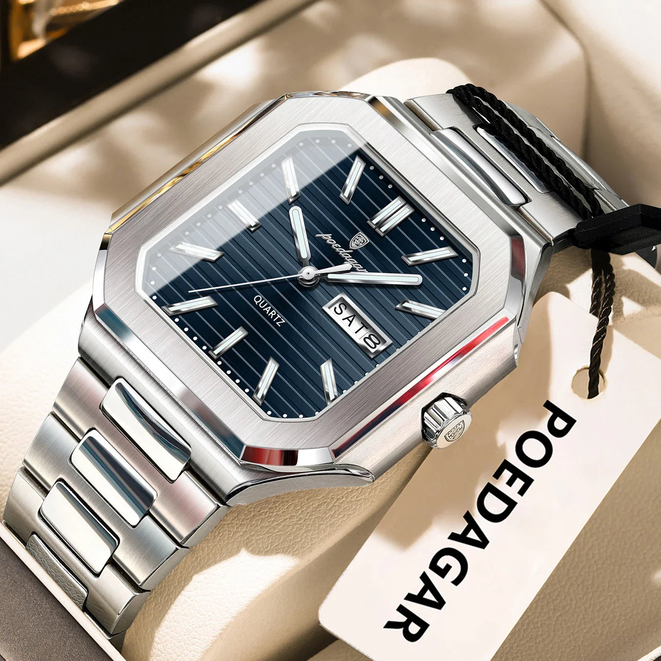 POEDAGAR Square Fashion Man Wristwatch Waterproof Luminous Date Week Quartz Men's Watches Stainless Steel Luxury Men Watch Reloj
