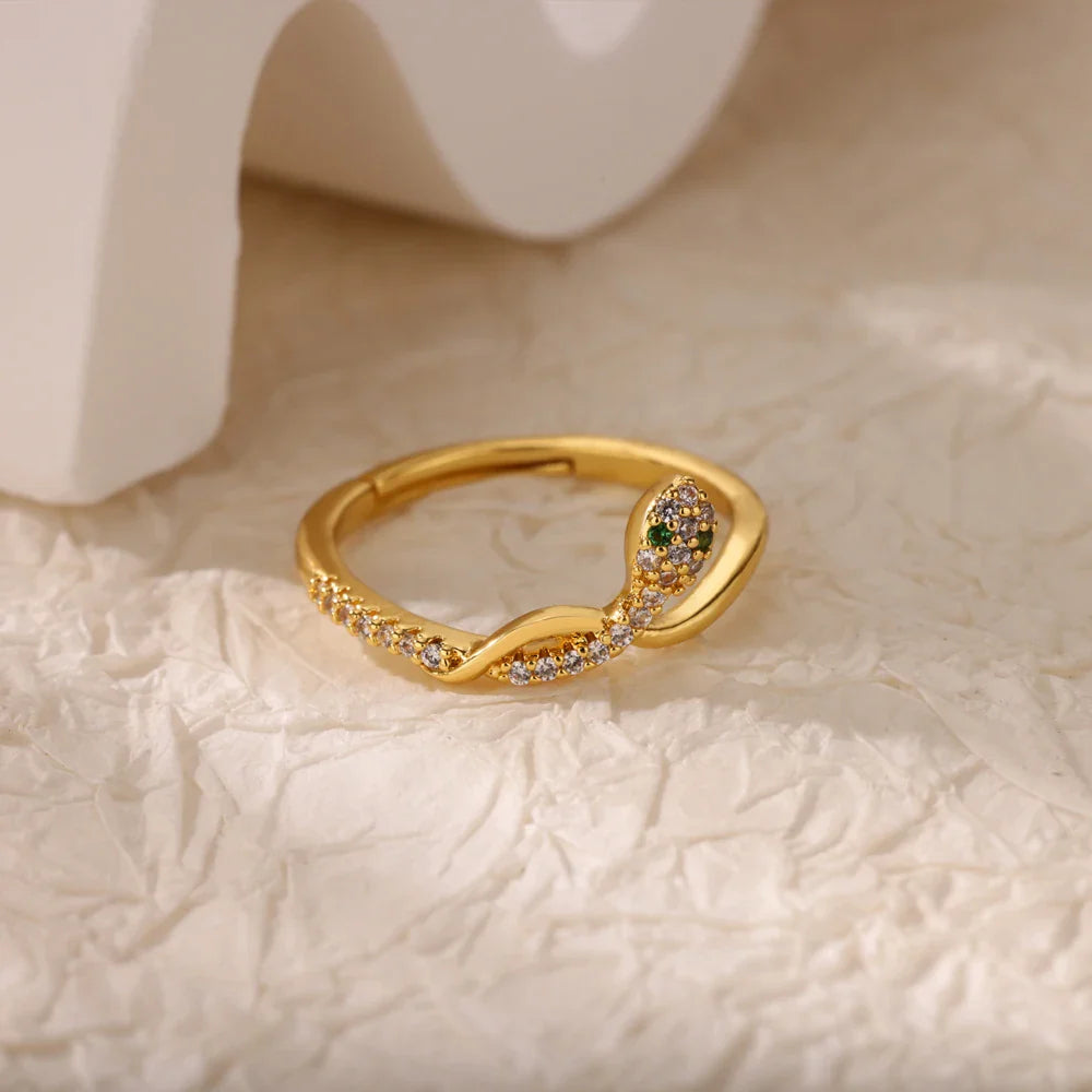 Zircon Snake Rings For Women Men Stainless Steel Gold Color Open Adjustable Ring Vintage Gothic Aesthetic Jewelry anillos mujer