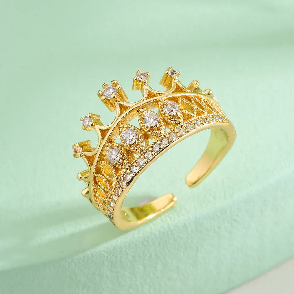 NEWBUY 2025 Trendy Gold Color Crown Charm Finger Rings Open Design Adjustable Shiny CZ Zircon Wedding Jewelry Female