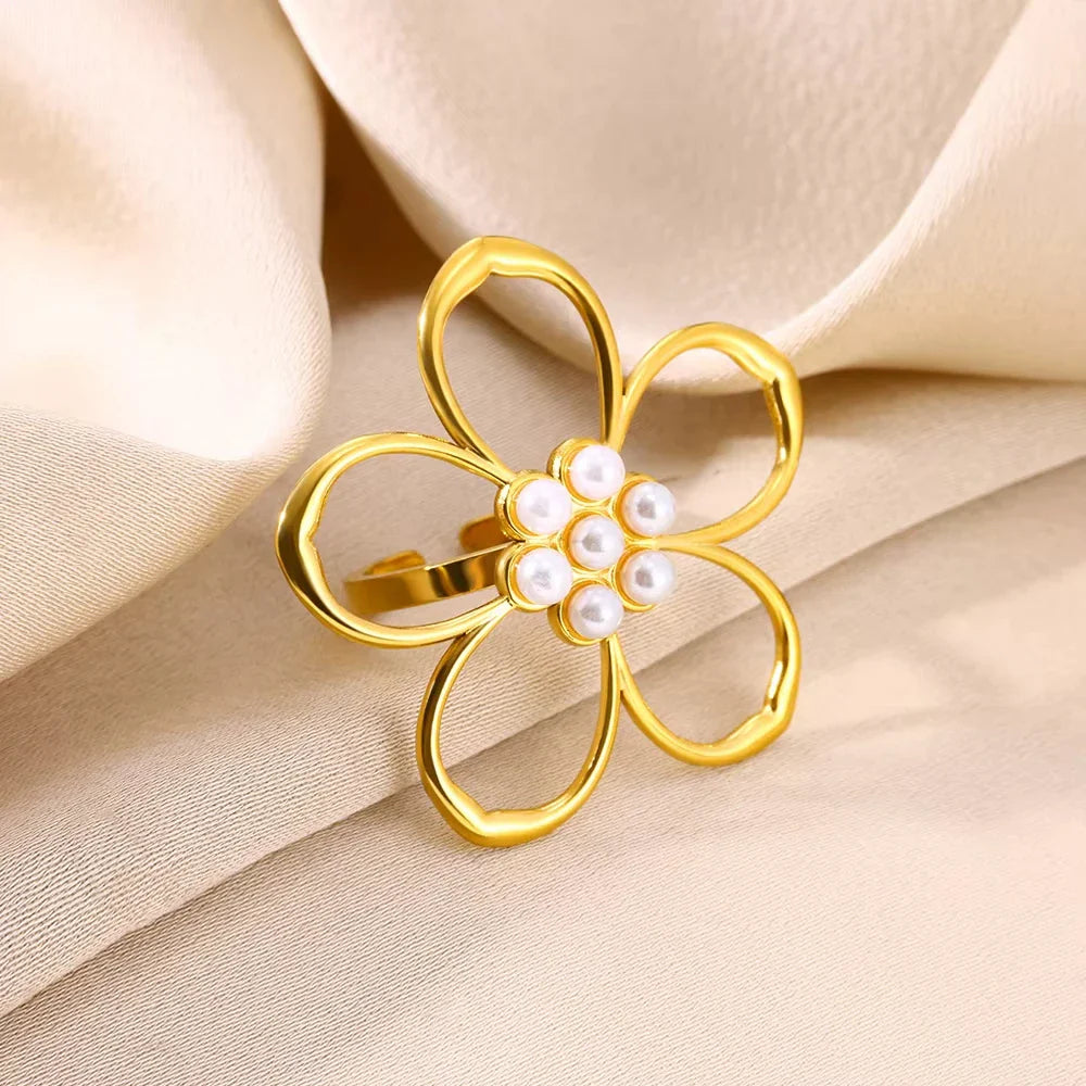 Stainless Steel Flower Big Open Rings For Women Gold Color Imitation Pearl Hollow Out Ring Trendy Aesthetic Jewerly Gifts