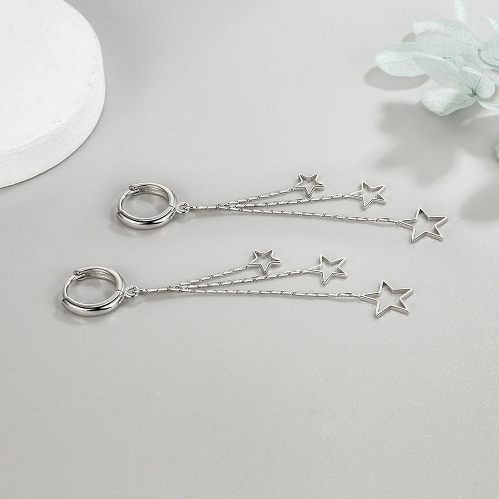 Elegant Popular Three Stars Hoop Earrings For Women 925 Sterling Silver Party Jewelry Beautiful Long Tassel EarringElegant