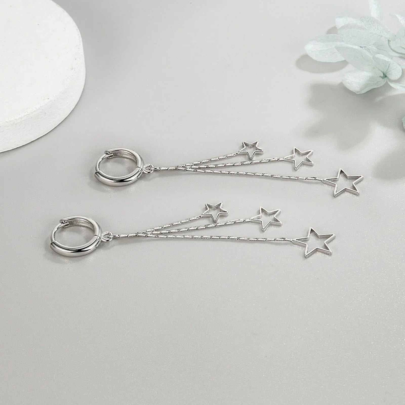 Elegant Popular Three Stars Hoop Earrings For Women 925 Sterling Silver Party Jewelry Beautiful Long Tassel EarringElegant