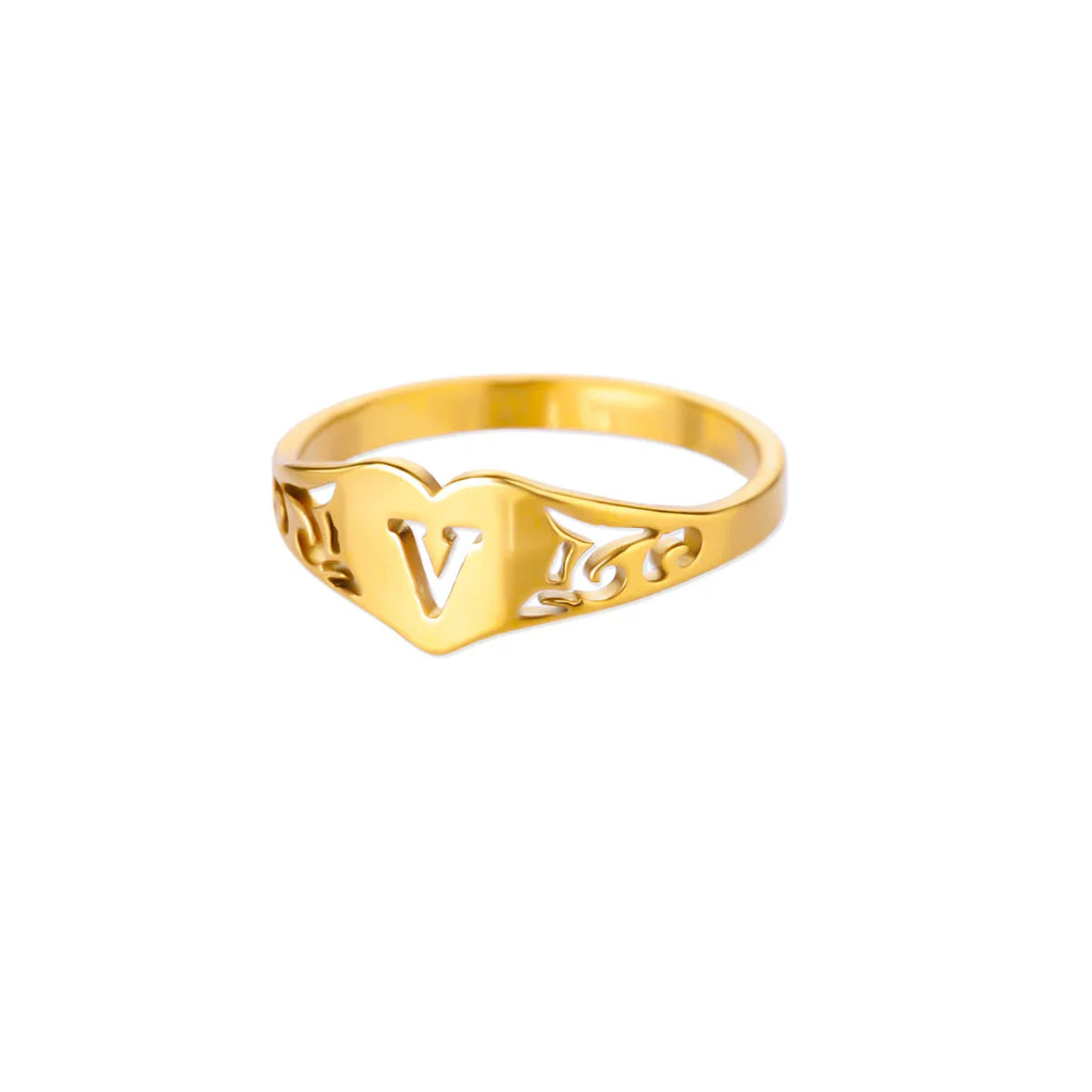 Fashion Hollow Initial Letter Heart Rings For Women Gold Color Stainless Steel A-Z Letter Ring Aesthetic Wedding Jewelry Gift