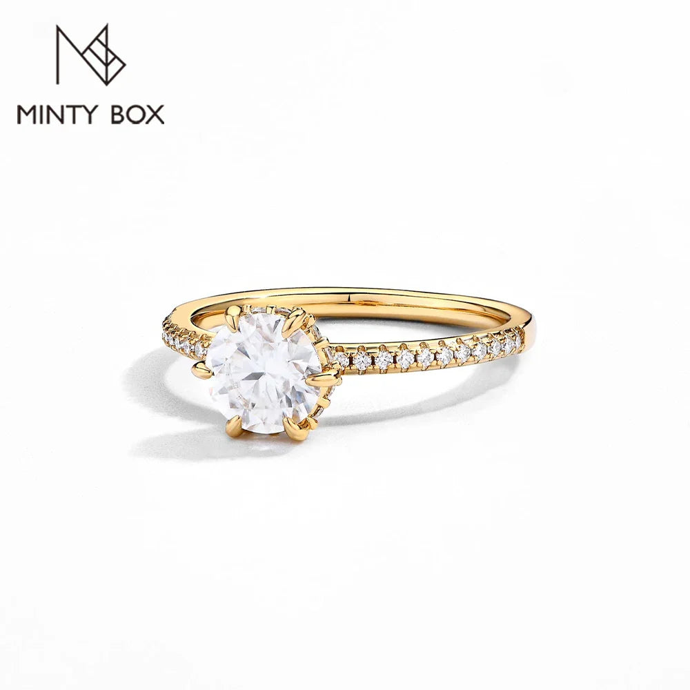 MINTYBOX 18K Yellow Gold D Moissanite Rings for Women Handmade 6.5mm S925 Silver Round Shape Engagement Ring Gift Fine Jewelry