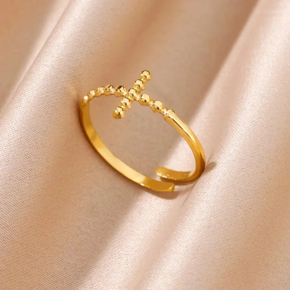 Stainless Steel Cross Rings for Women Vintage Gold Color Opening Cross Finger Ring Party Wedding Jewelry Gift anillos mujer