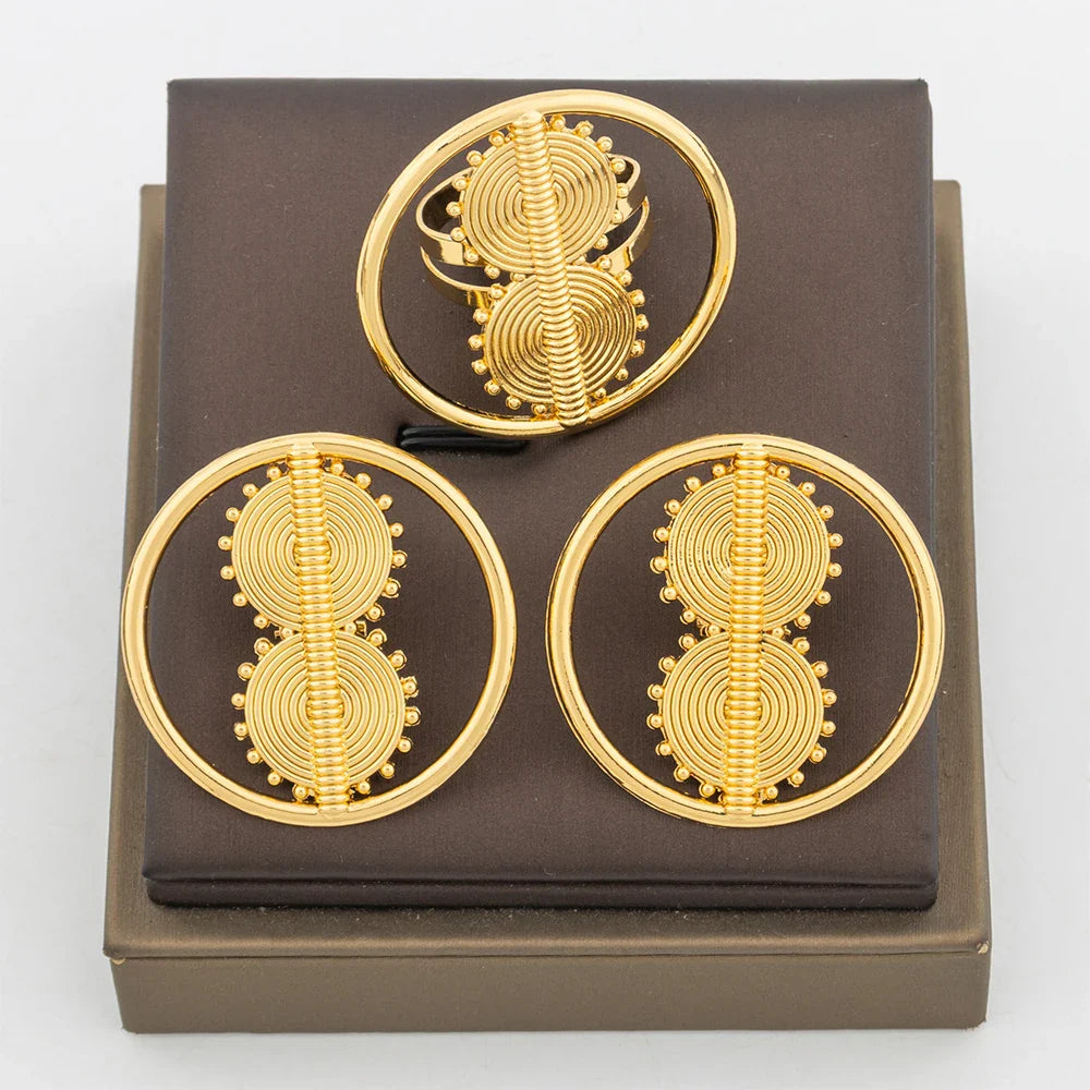 Trend Gold Color Earrings Jewelry Set for Women Hollow Design Clip Earrings with Finger Ring Daily Wear for Party Accessories