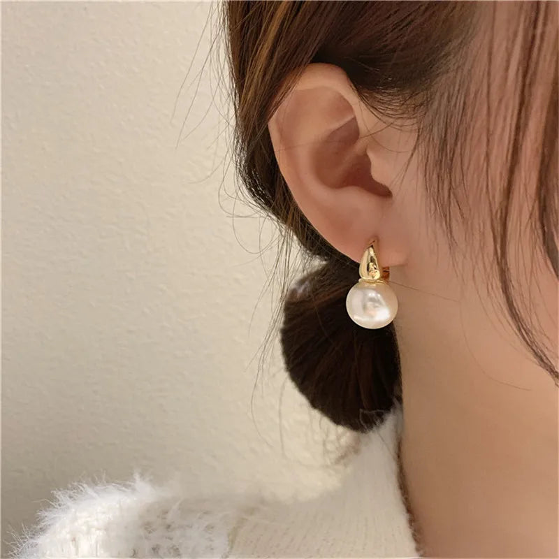 Silver Color Pearl Studs Hoop Earrings for Women Gold Color Eardrop Minimalist Hoops Wedding Fashion Jewelry Dropshipping