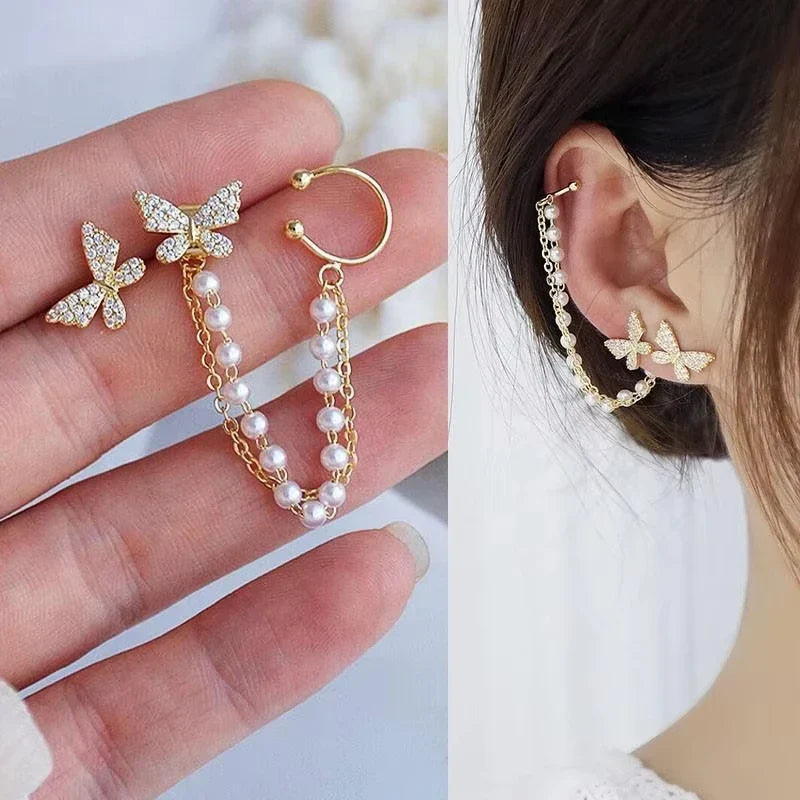 Korean Vintage Imitate Pearl Crystal Earrings for Women Jewelry High-class Luxury Zircon Flower Butterfly Leaf Stud Earrings