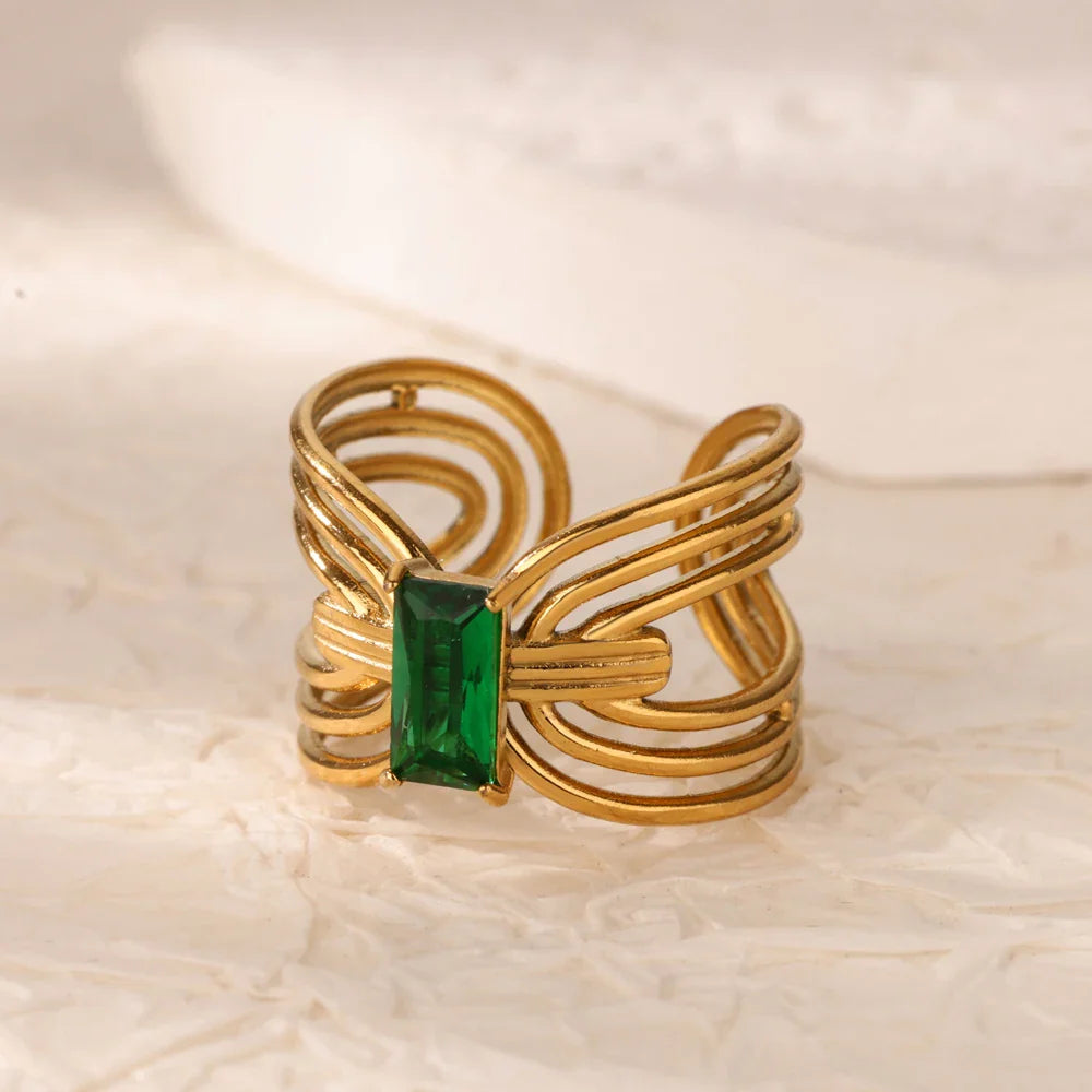 Green Cubic Zircon Heart Rings For Women Vintage Gold Color Stainless Steel Open Ring Fashion Aesthetic Jewelry Wedding Gift