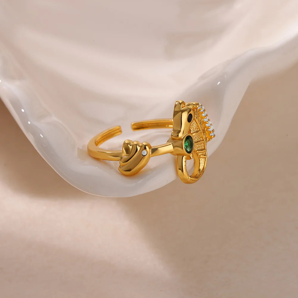 Green Zircon Seahorse Rings For Women Ocean Shell Starfish Turtle Stainless Steel Gold Color Finger Ring Summer Beach Jewelry