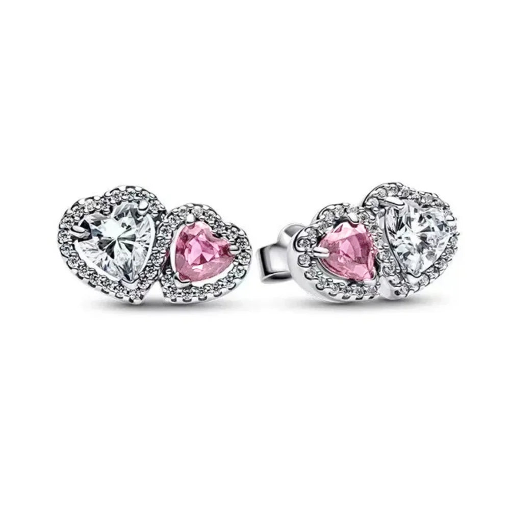 European New 925 Silver White Pink Stone Red Bow Stud Earrings, Fit Women's Festival Exquisite Charm Jewelry Gifts
