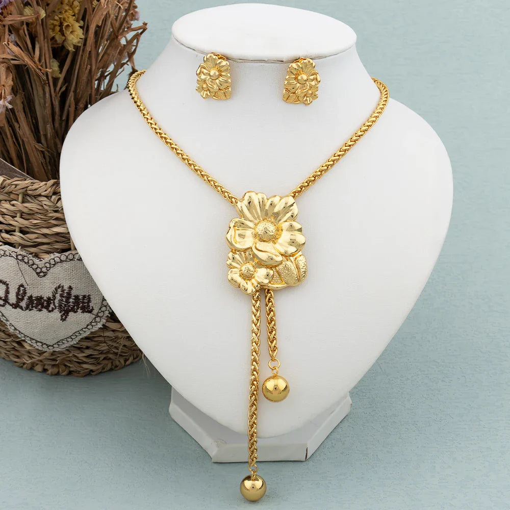 New Fashion Gold Plated Jewelry Set Pendant Dubai Italy Necklace Drop Earrings for Women Adjustable Chain Party Bohemia Jewelry