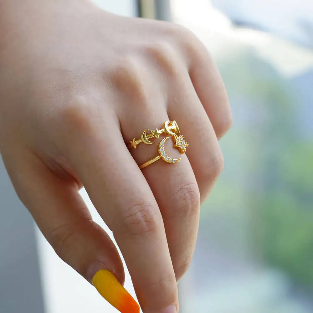 Zircon Star Moon Rings For Women Gold Color Adjustable Stainless Steel Moon Star Ring Wedding Aesthetic Party Jewelry Gift BFF