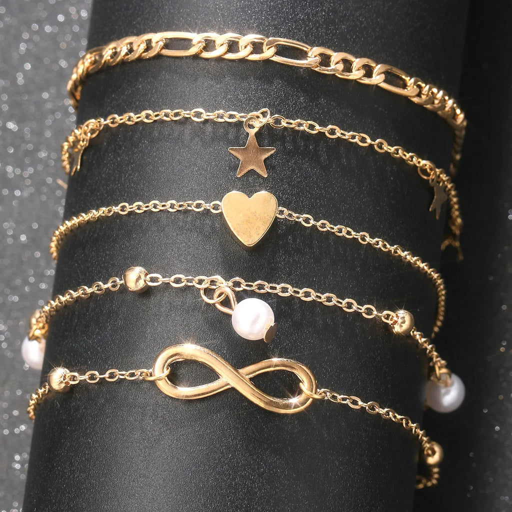 5Pcs Retro Multilayer Tassel Anklet Set for Women Bohemia Vintage Pearl Butterfly Star Heart Pendant Foot Bracelet Beach Jewelry