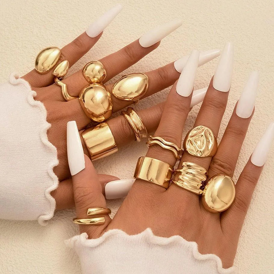 New 10Pcs/Set Irregular Smooth Rings Set for Women Geometric Exaggerated Gold Color Finger Rings Vintage Fashion Party Jewelry