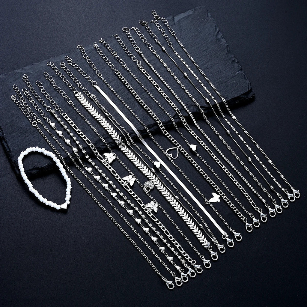 19Pcs/Set New Design Silver Color Anklet Sets for Women Fashion Pearl Butterfly Heart Crystal Foot Chain Versatile Daily Jewelry