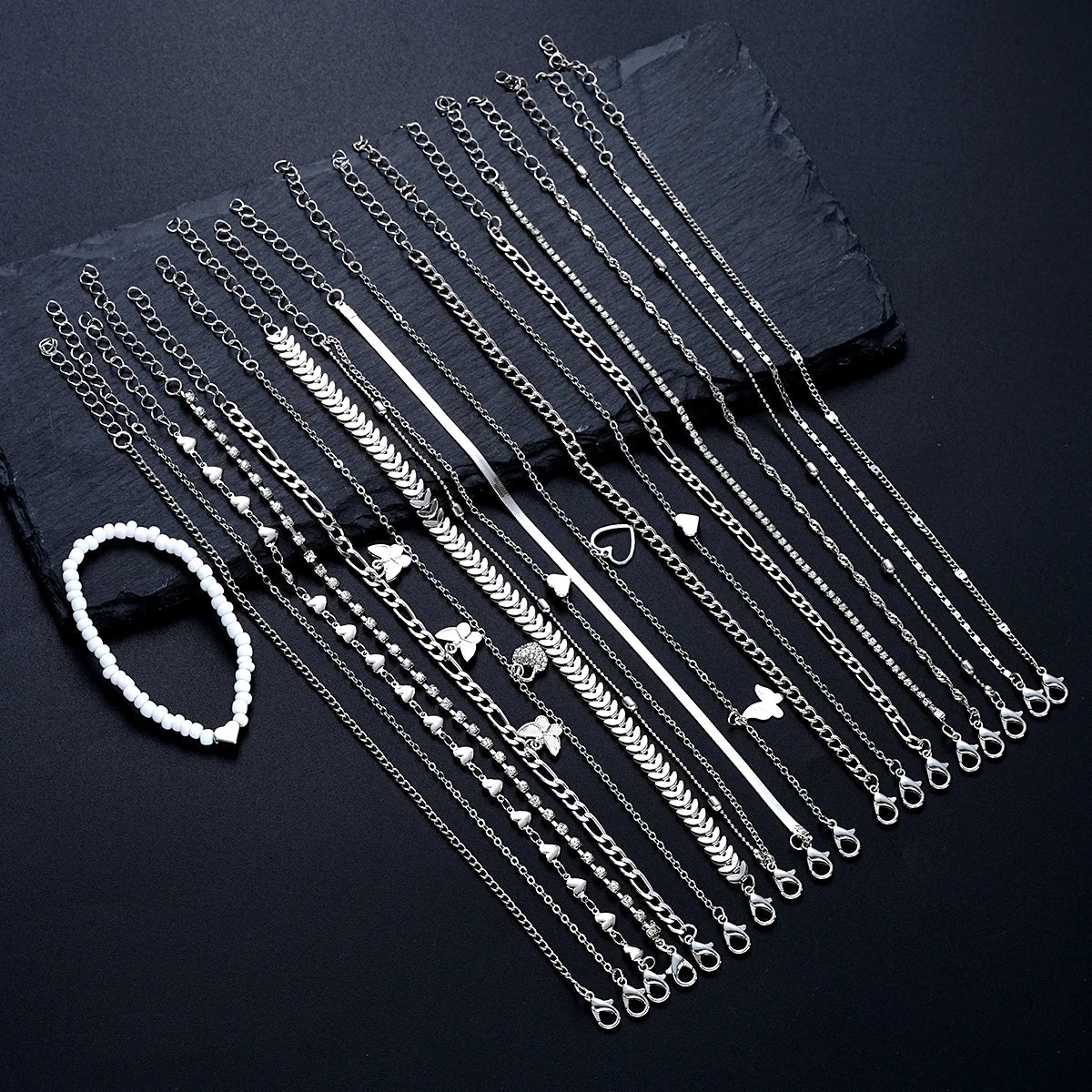 19Pcs/Set New Design Silver Color Anklet Sets for Women Fashion Pearl Butterfly Heart Crystal Foot Chain Versatile Daily Jewelry