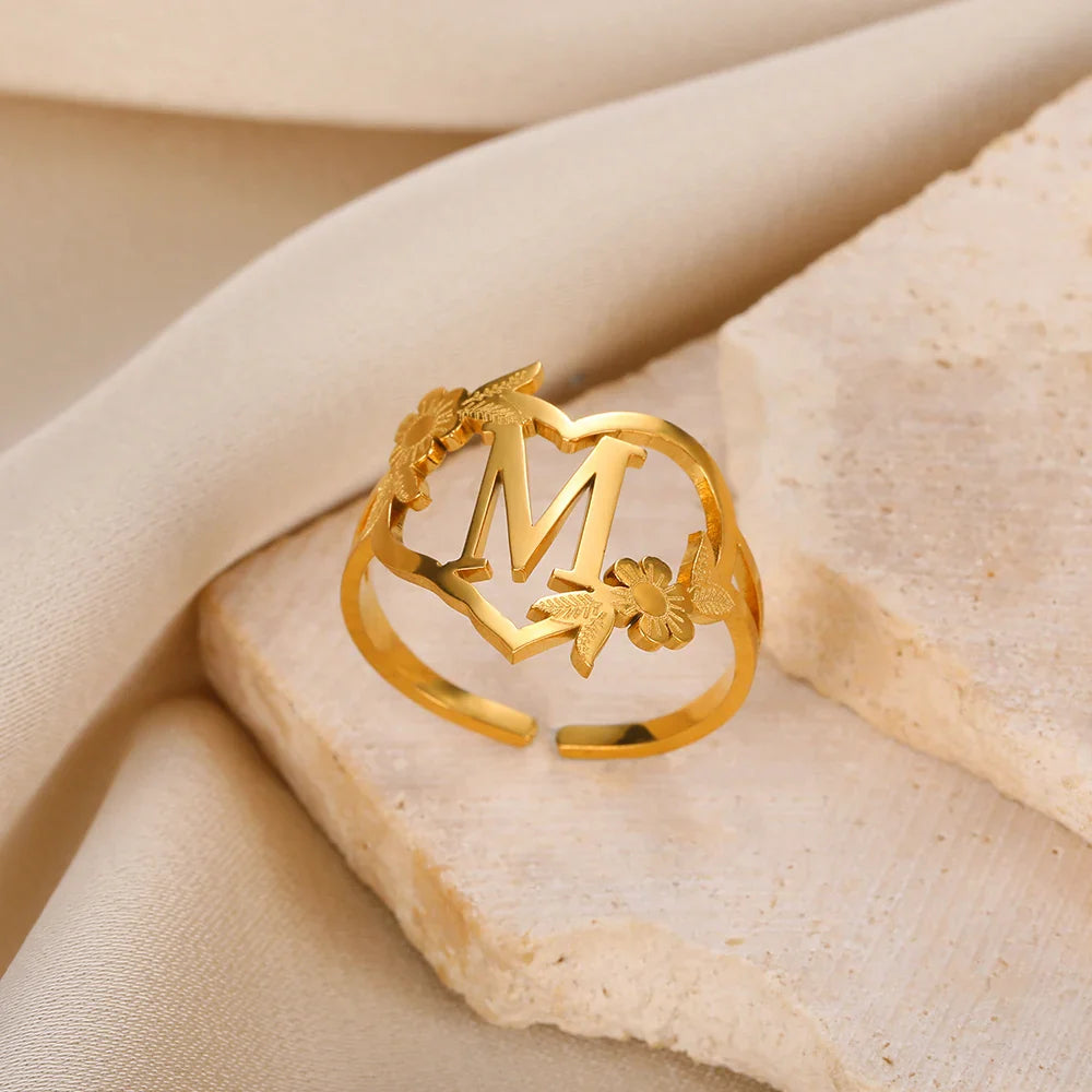 Stainless Steel Initials Letter Heart Rings for Women Girls Gold Color Flower Alphabet Ring Fashion Valentine's Day Jewelry Gift