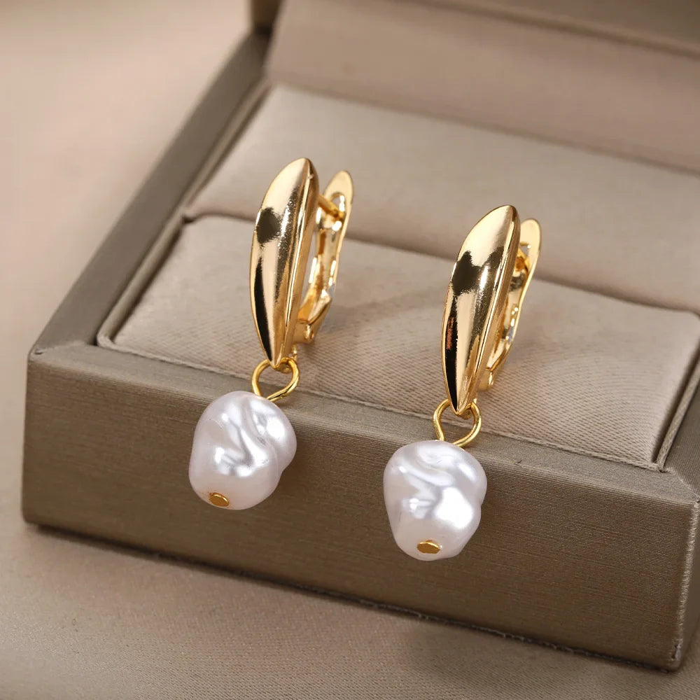 Fashion Circle Imitation Pearl Drop Earrings for Women Gold Color Stainless Steel Round Geometric Hoop Earring Wedding Jewelry