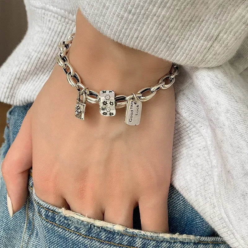 Sterling Silver plated Thai Silver Bracelet for Women Vintage Geometric Heart Love Lucky Punk Jewelry 2023 New Dropship