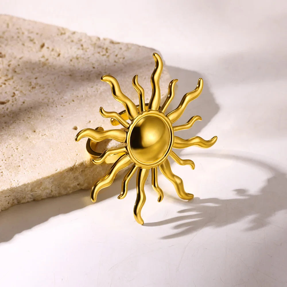 Exaggerated Sun Rings For Women Gold Color Stainless Steel Sun Adjustable Ring Fashion Anniversary Party Lucky Jewelry Gift