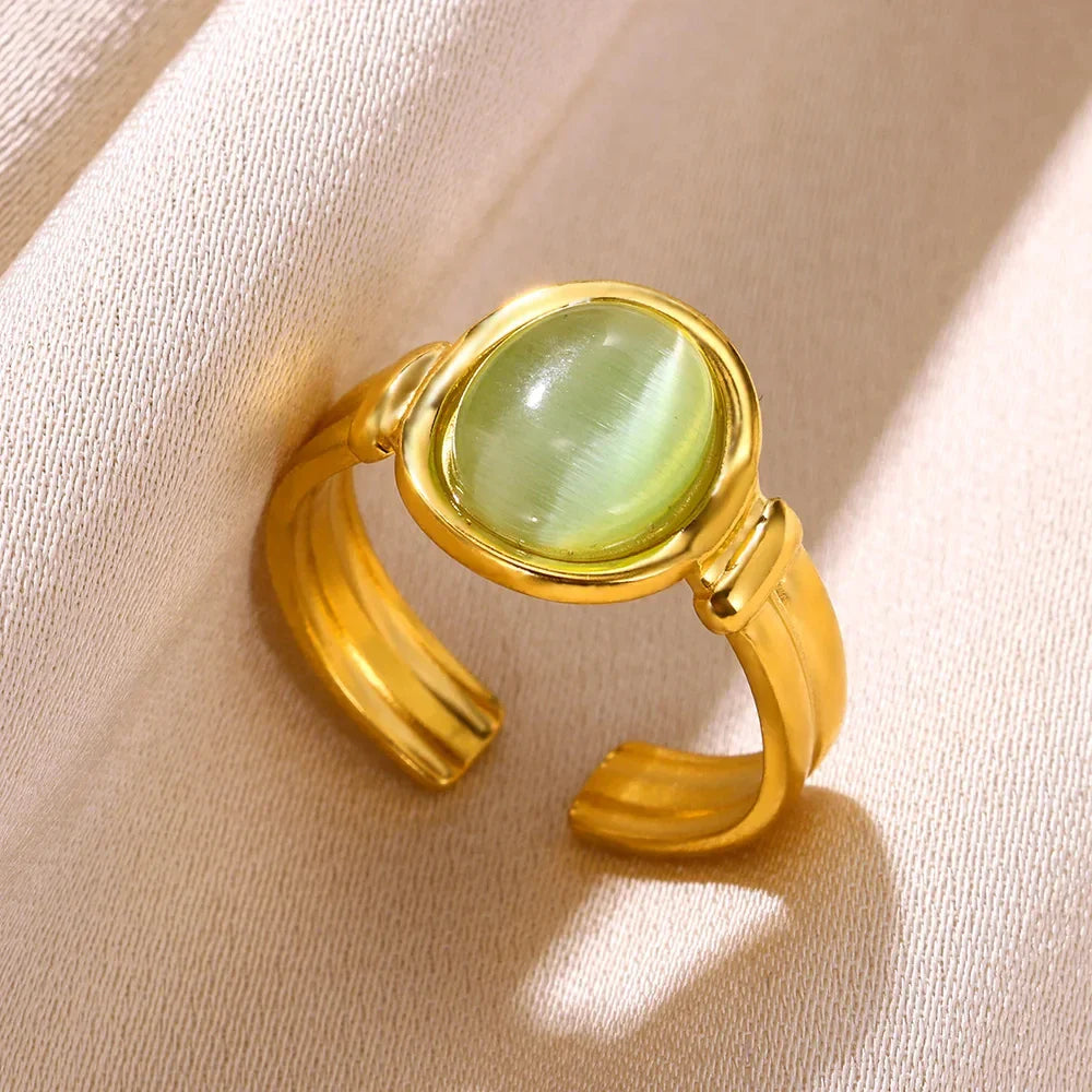 Vintage Oval Opal Rings For Women Gold Color Stainless Steel Adjustable Natural Stone Adjustable Ring Aesthetic Weeding Jewelry