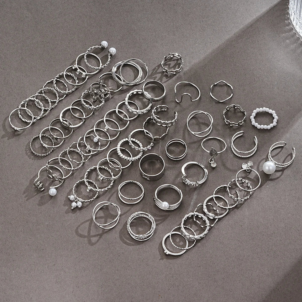 64 Pcs Silver Color Geometric Knuckle Rings Set For Women Heart Cross Leaf Pearl Charm Finger Ring Female Boho Party Jewelry