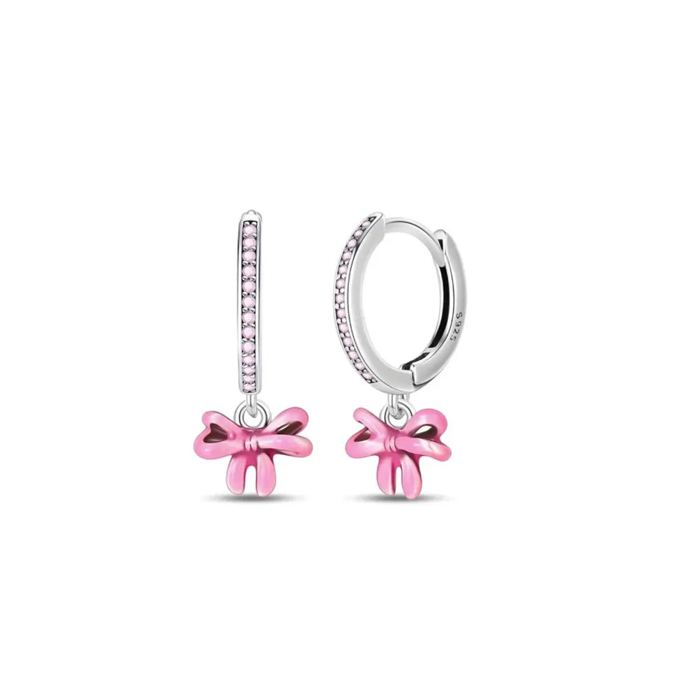 European New 925 Silver White Pink Stone Red Bow Stud Earrings, Fit Women's Festival Exquisite Charm Jewelry Gifts
