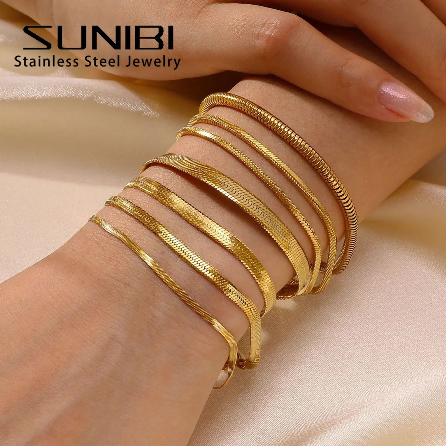 SUNIBI Women Trend Classic Snake Chain Bracelet Gold Color Width 2/3/4/5MM Stainless Steel Chain Bracelet For Women Jewelry Gift