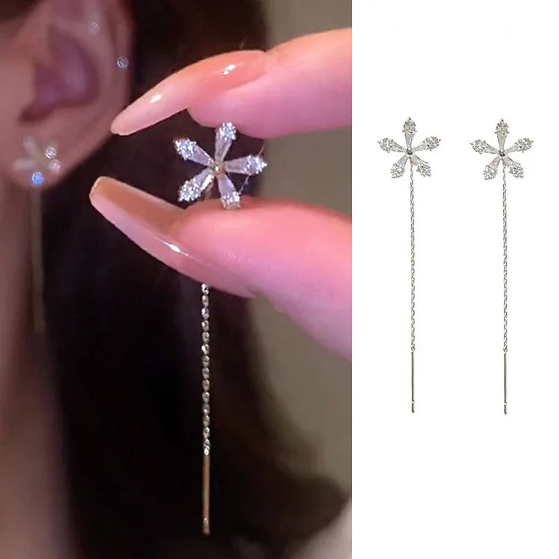 JWER S925 Silver Needle Star Line Earring for Women Tassel Drop Earring Long Chain Beads Piercing Earring Asymmetry Ear Jewelry