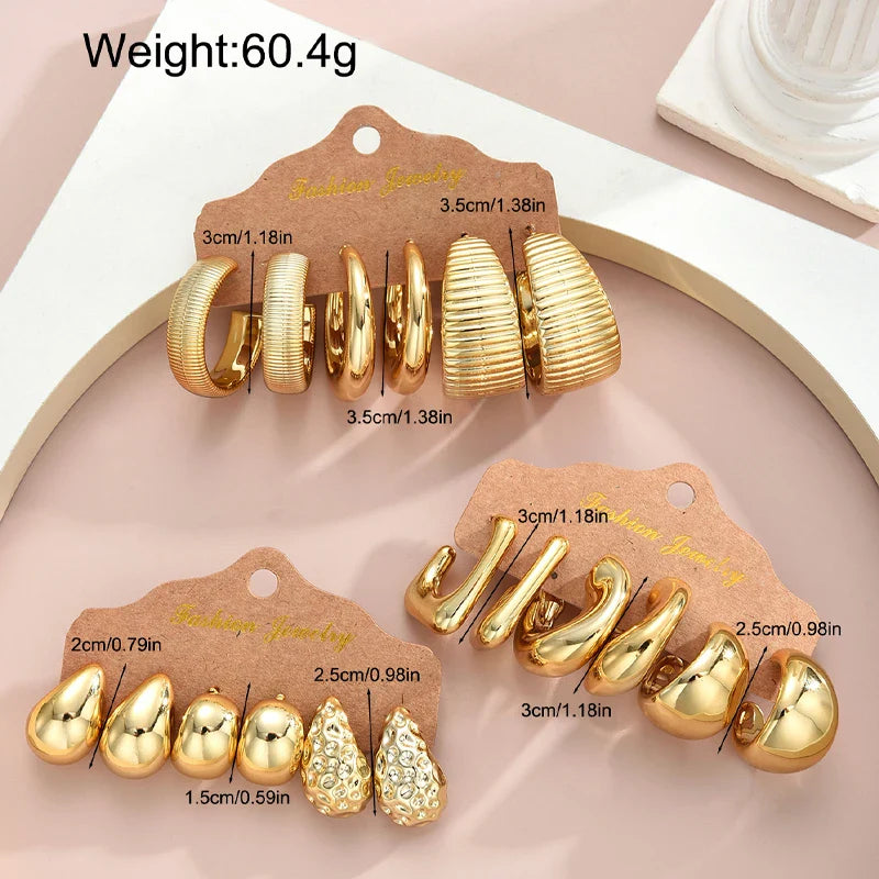 18Pcs/Set Vintage Punk Waterdrop Hoop Earring for Women Fashion Gold Silver Color Exaggerated CCB Earring Daily Wear Jewelry New
