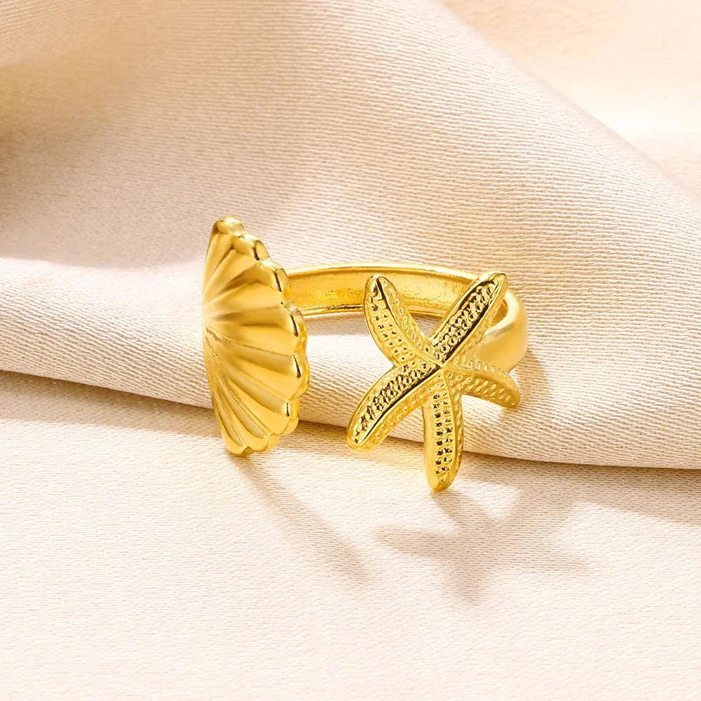 Vintage Shell Starfish Rings For Women Gold Color Stainless Steel Shell Ocean Openning Ring Wedding Summer Jewelry Gift
