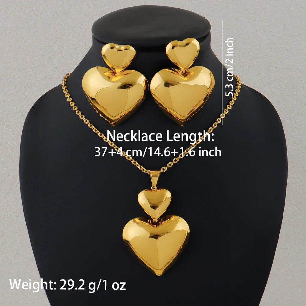 Gold Color Heart Shape Metal Pendant Earrings Sets 24K Gold Plated Simple Fashion Love Collarbone Chain Exquisite Holiday Gifts