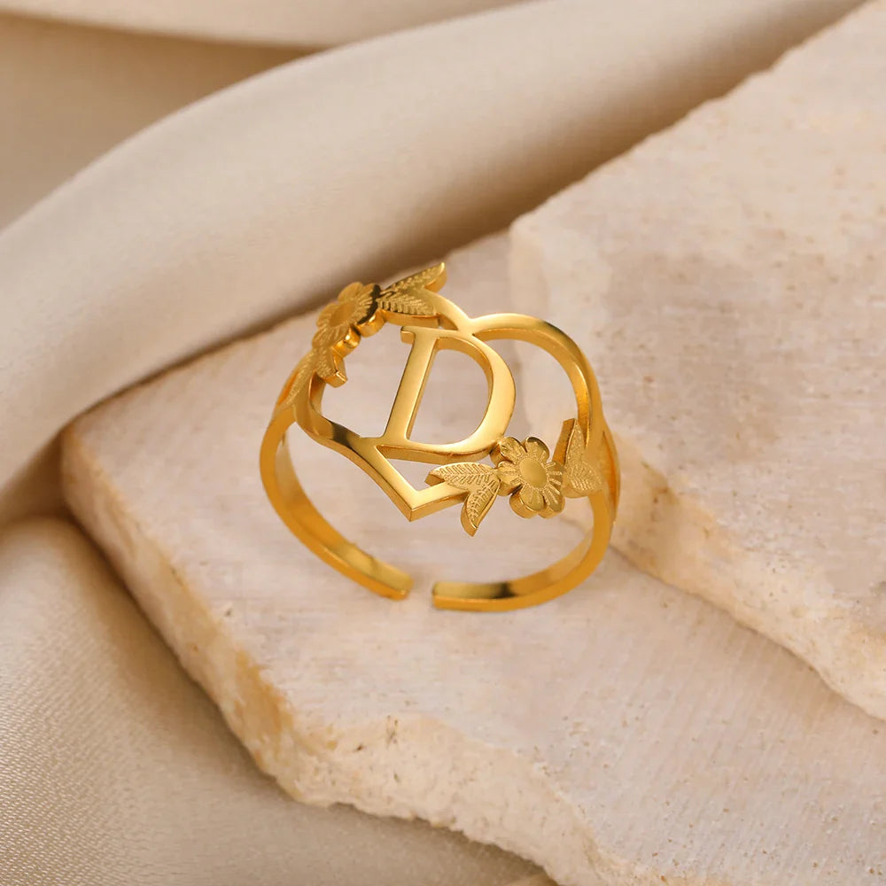 Stainless Steel Initials Letter Heart Rings for Women Girls Gold Color Flower Alphabet Ring Fashion Valentine's Day Jewelry Gift