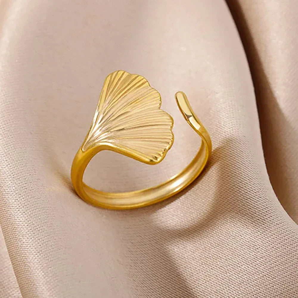Gold Color Stainless Steel Shell Rings For Women Vintage Oval Blue Stone Adjustable Ring Fashion Party Jewelry Anniversary Gift