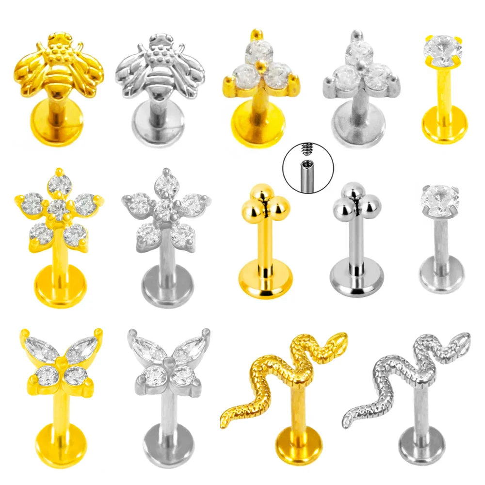 100% 316L Surgical Steel Flower Labret Piercing Butterfly Bee Tragus Snake Cartilage Helix Flat Back CZ Earrings Body Jewelry