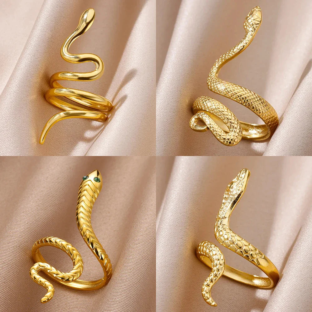 Stainless Steel Snake Rings For Women Men Vintage Gold Color Open Ring 2024 Trend Luxury Gothic Aesthetic Jewelry anillos mujer