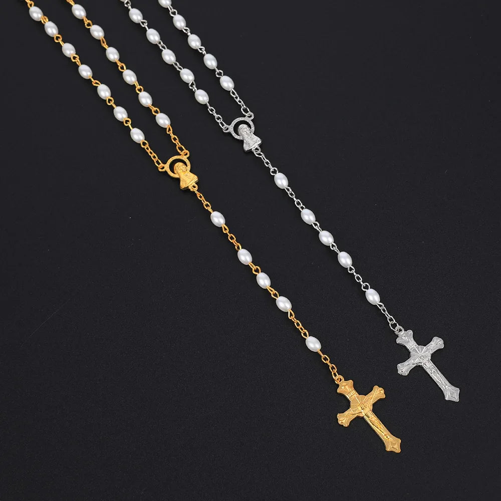 White Oval Pearl Rosary Necklace For Women Catholic Religious Crucifix Cross Pendant Gold Silver Color Chain Men Prayer Jewelry