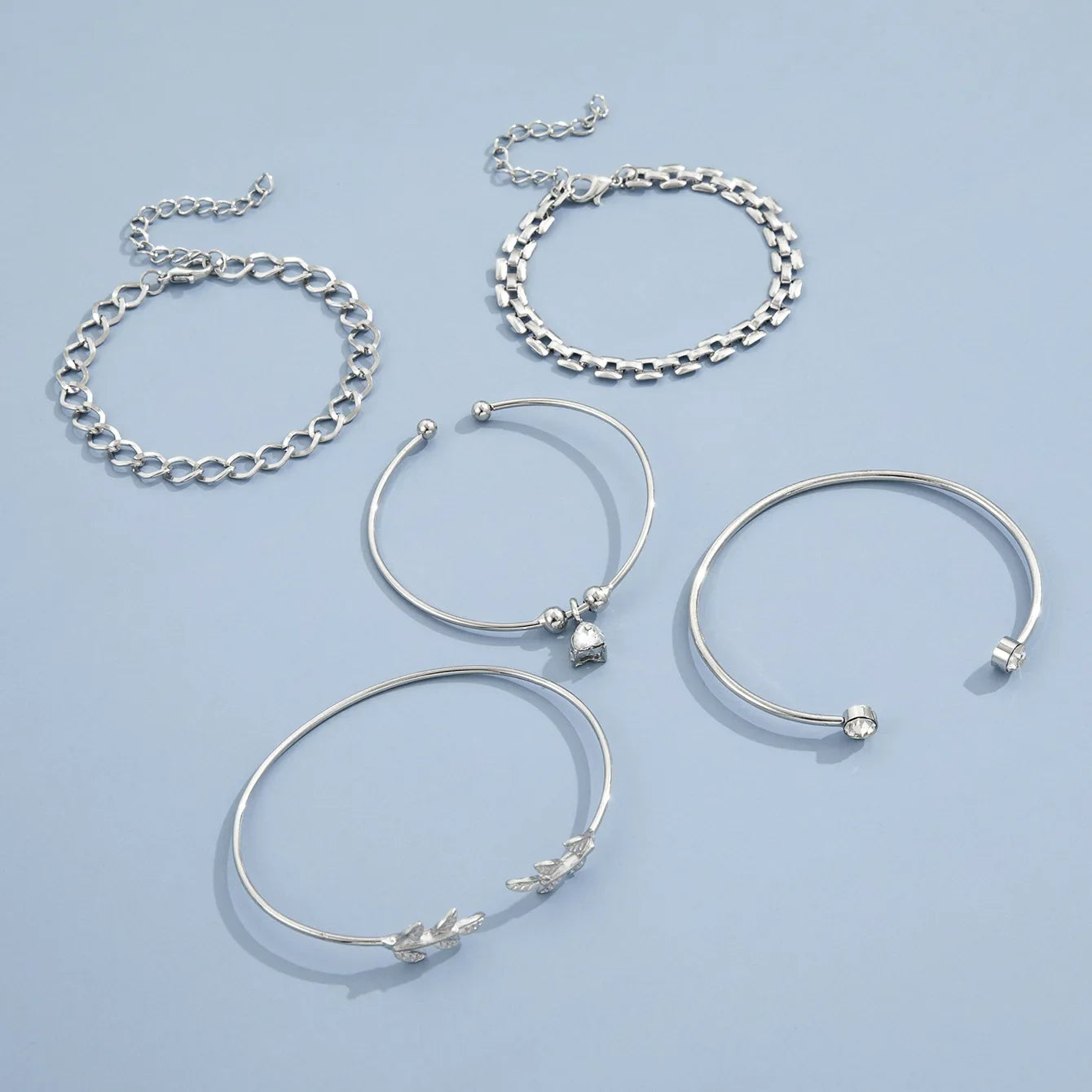 Bohemian Silver Color Geometric Link Chain Bracelet Set For Women Crystal Leaf Open Cuff Bangle Female Boho Jewelry Accessory