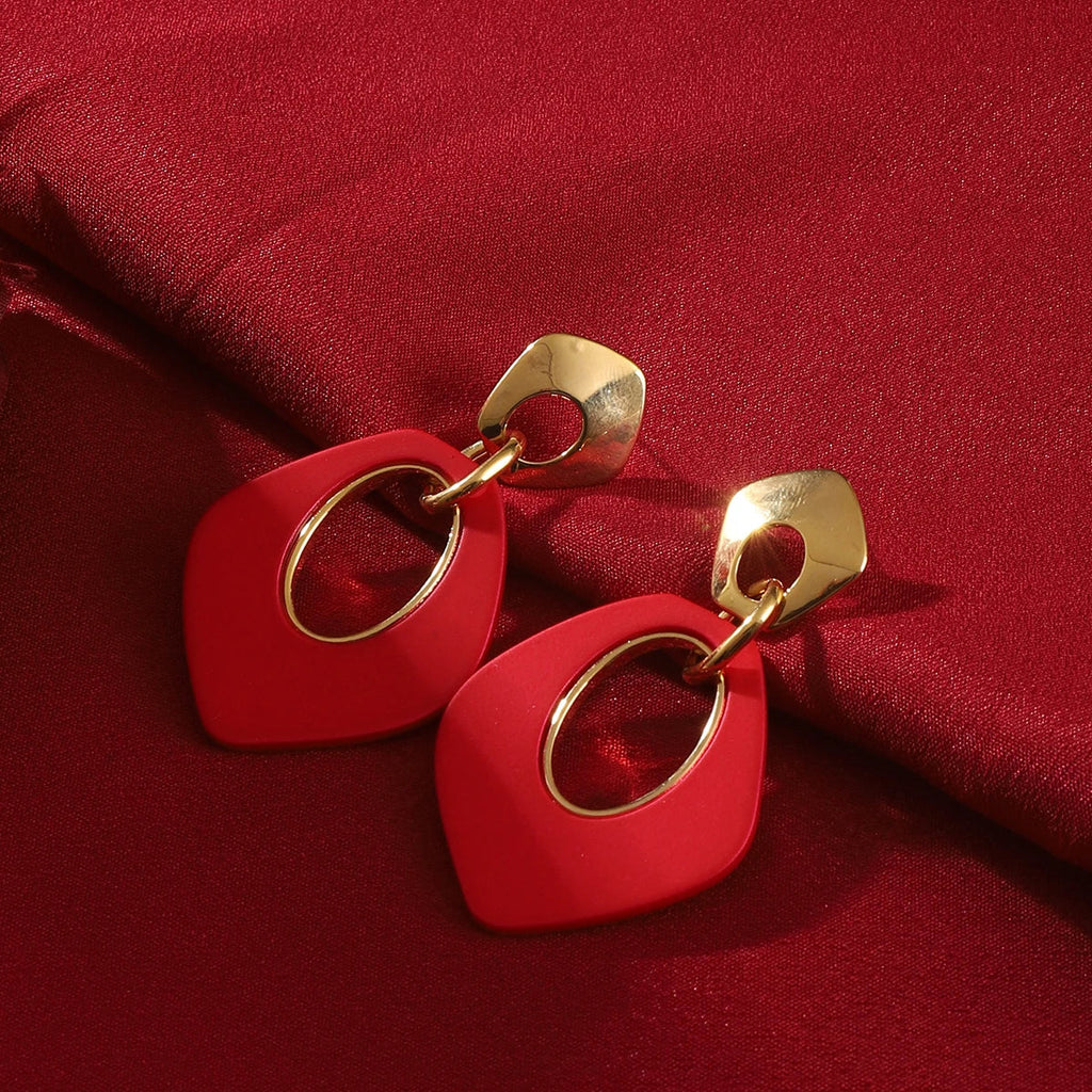 Red Color Women Dangle Earrings Geometric Pendants Gold Color Metal Hook Earrings Long Hang Earrings pendientes fashion jewelry