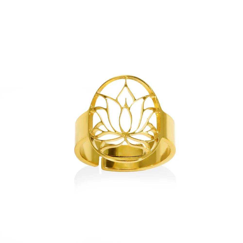Stainless Steel Lotus Flower Ring for Women Gold Color Vintage Stone Opal Oval Flower Ring Fashion Aesthetic Jewelry Gift