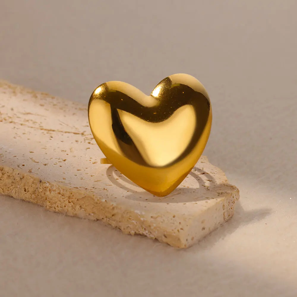 Cute Heart Chunky Stainless Steel Rings for Women Gold Color Open Adjustable Vintage Wedding Ring Aesthetic Jewelry Accessories