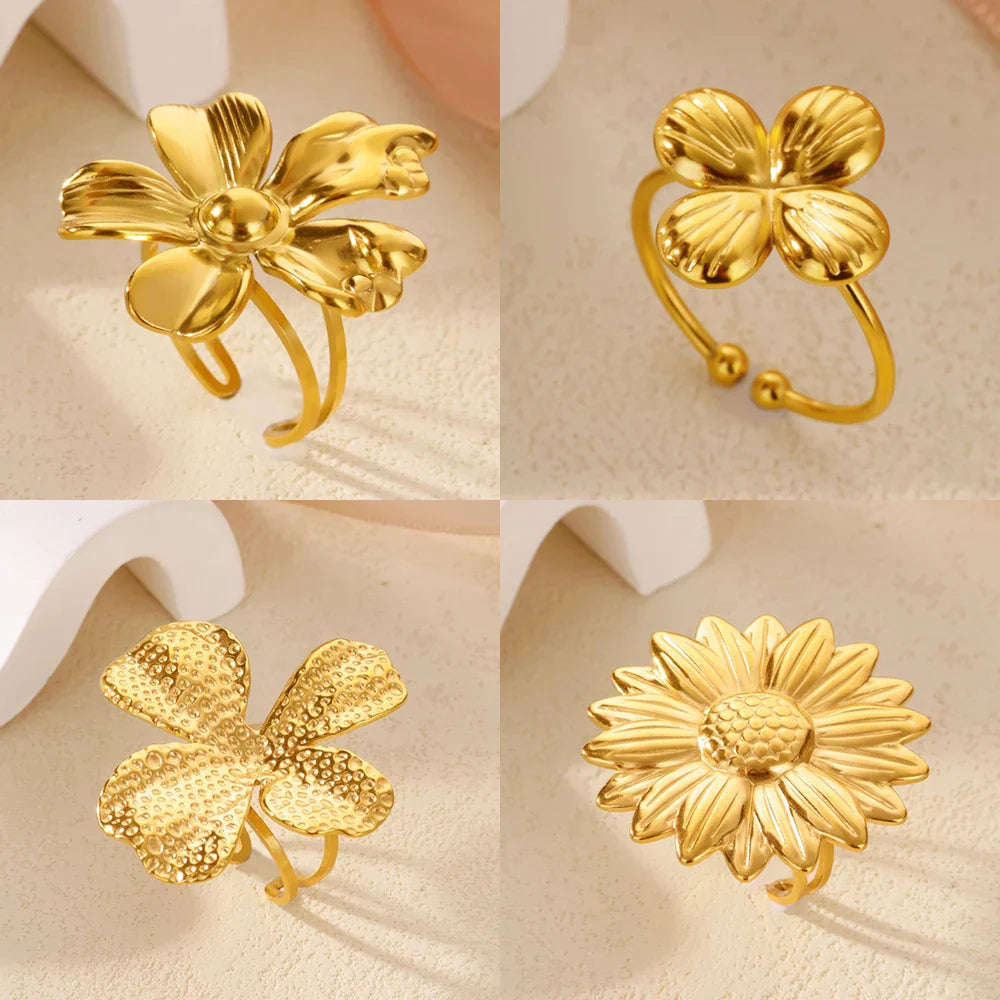 Stainless Steel Gold Color Flower Rings for Women Fashion Geometric Opening Adjustable Finger Ring Vintage Jewelry Gifts