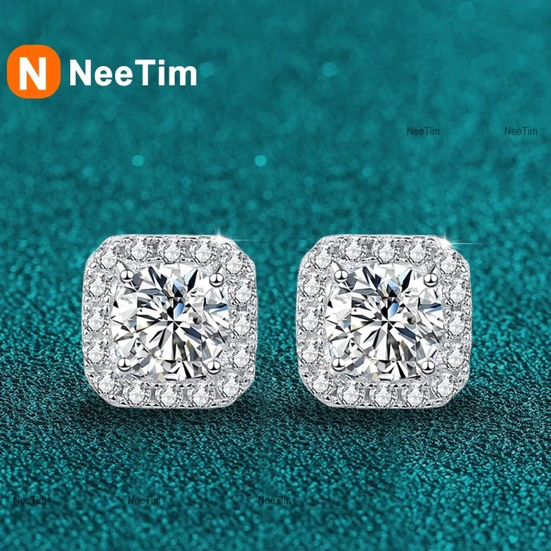 Neetim Real 0.5-1 Carat D Color Moissanite Stud Earrings For Women 100% 925 Sterling Silver Sparkling Earring Wedding Jewelry