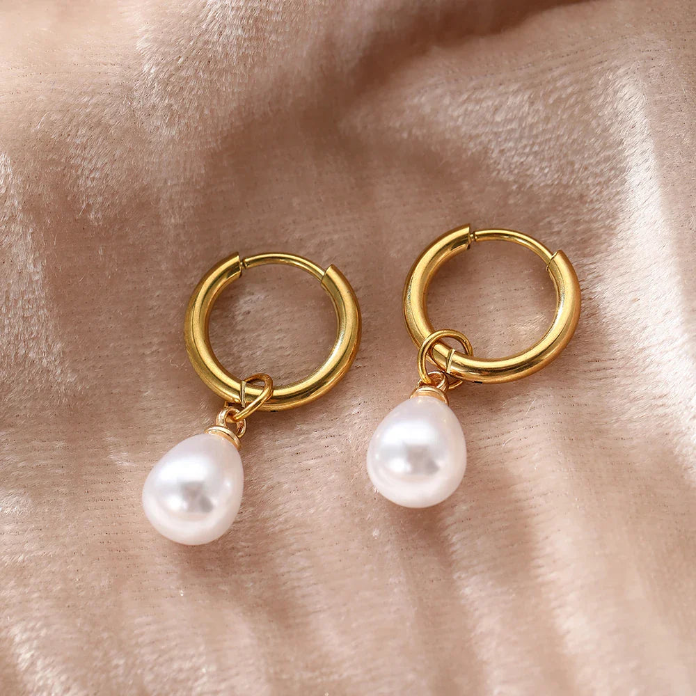 Stainless Steel Teardrop-Shaped Imitation Pearl Pendant Earrings Women's Everyday Commute Elegant Style Ear Jewelry Accessories