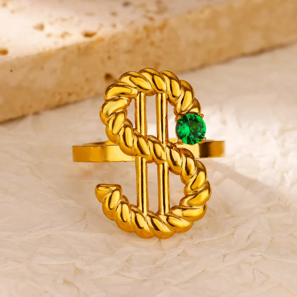 Green Cubic Zircon Heart Rings For Women Vintage Gold Color Stainless Steel Open Ring Fashion Aesthetic Jewelry Wedding Gift